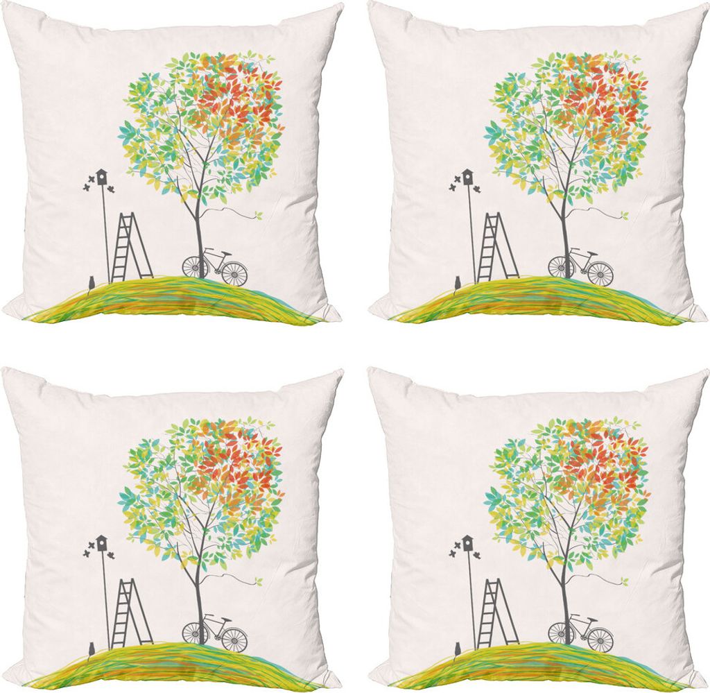 ABAKUHAUS City Park Bäume Kissenbezug Set (4 Stück), Fahrrad Treppen Vogel, Moderner Doppelseitiger Digitaldruck, 40 cm x 40 cm, Mehrfarbig