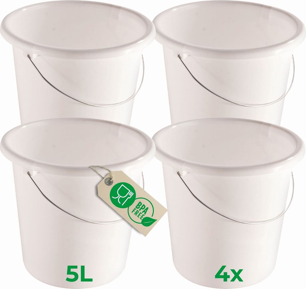 Novaliv 4 Stück Eimer 5L Weiß mit Maßeinteilung - Putzeimer 5 Liter 22,5 cm Praktischer Allrounder mit Skala für Haushalt & Garten ideal al...