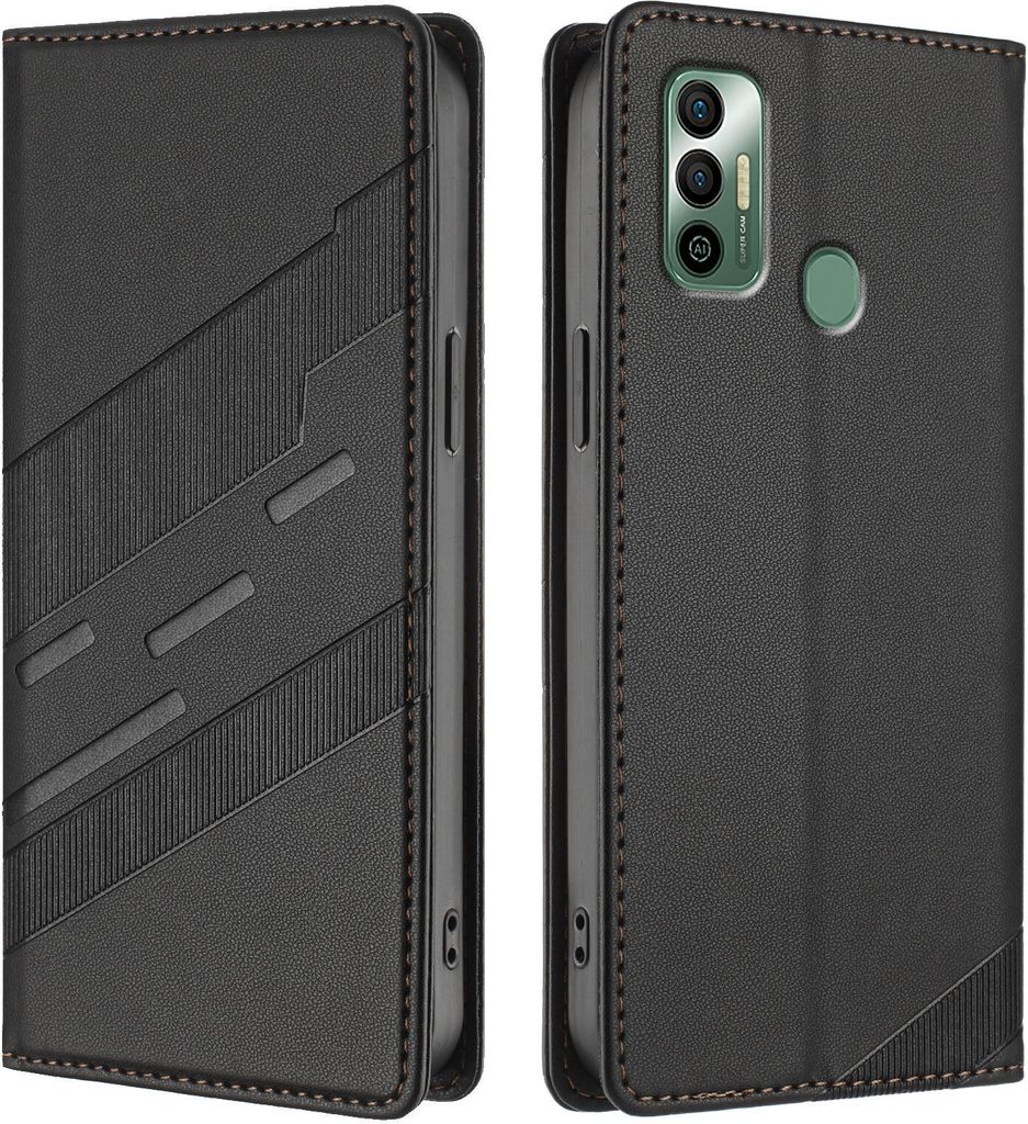 Hülle für Tecno Spark 7/Spark 7T, Kunstleder Brieftaschen Handyhülle mit Kartenfach und Standfunktion Schwarz