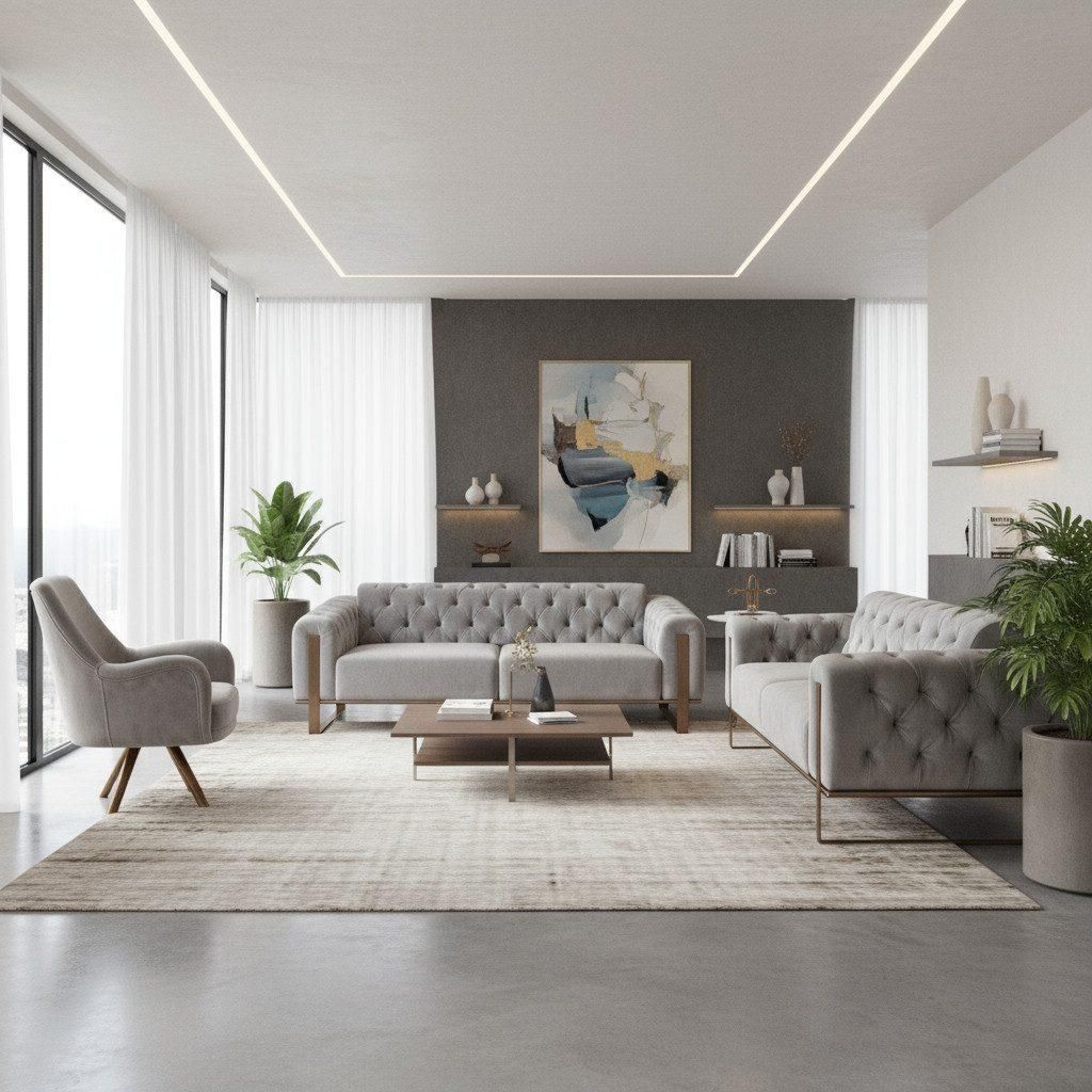 Sofa Liva in Knopfheftung Spar-Set, 3-Sitzer mit Schlaffunktion Farbe: bronzefarben | Hellgau Ausführung: 3-Sitzer + 3-Sitzer + Sessel