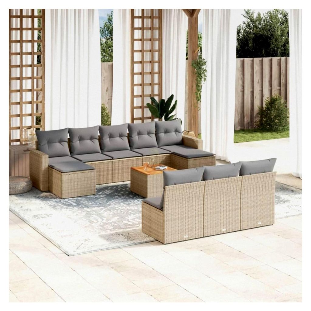 Gartenmöbel-Set mit Kissen, Beige, 11-teilig, PE-Rattan, Outdoor-Möbel-Set