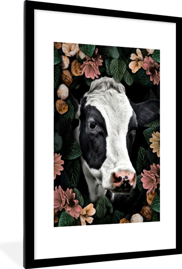 MuchoWow MuchoWow Gerahmtes Poster Kuh - Blumen - Blätter 60x90 cm - Poster mit zchwarzem Bilderrahmen - Dekoration - Wandposter Wohnzimmer - ...