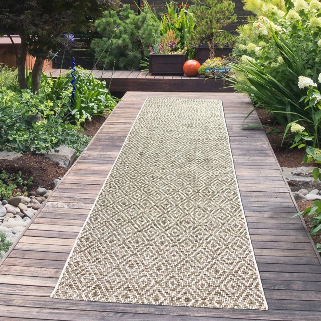 In- & Outdoorteppich Balkon wetterfest Flachgewebe im Rautenmuster in beige Größe - 80 x 250 cm