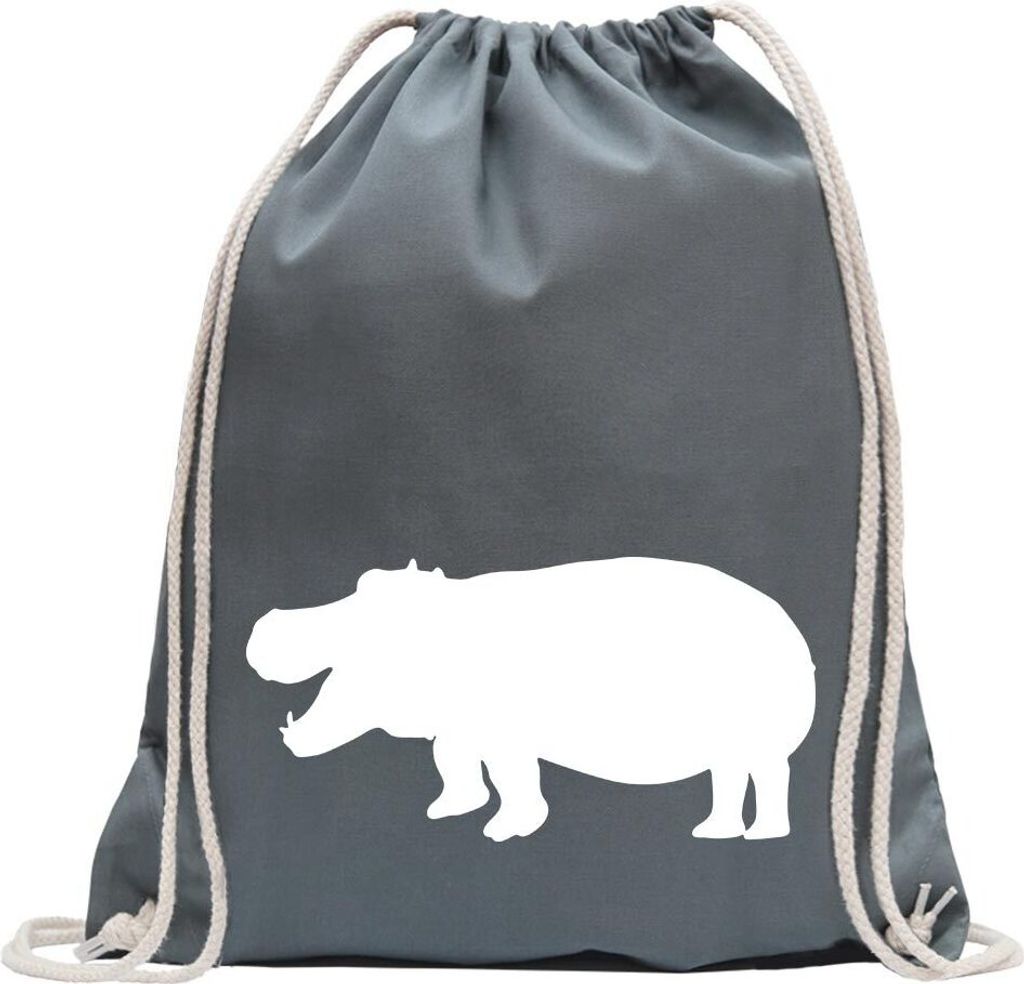 Kiwistar - Turnbeutel - stahlgrau - Flusspferd - Nilpferd - Hippo - Fun Rucksack Sport Beutel Gymsack Baumwolle mit Ziehgurt