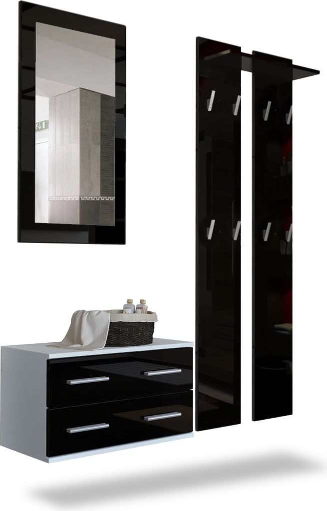 Vladon Garderobenset Garderobe Kioto, Germany, Korpus in Weiß matt / Front in Schwarz Hochglanz