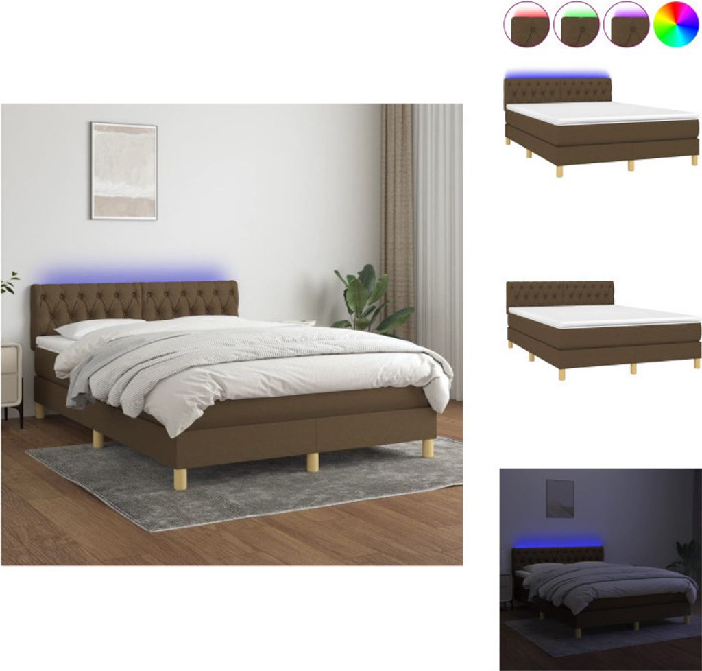vidaXL Boxspringbett mit Matratze & LED Dunkelbraun 140x190 cm Stoff - Betten & Bettgestelle