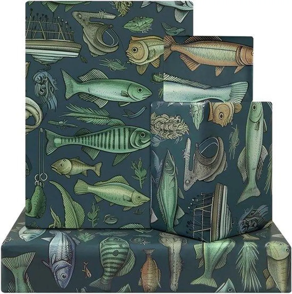 Papier cadeau pêcheur à motif maquereau et mouche de 50 x 70 cm