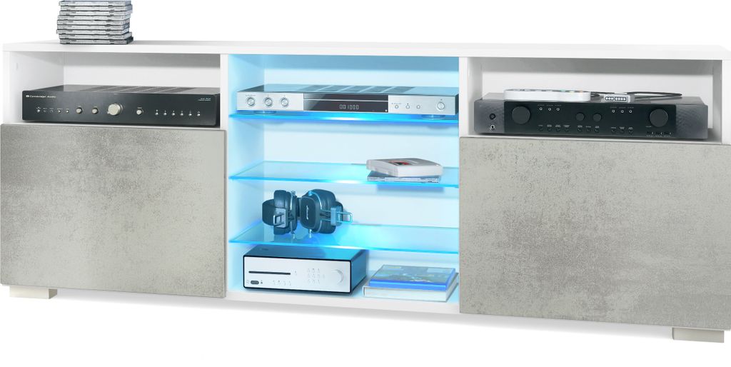 Vladon TV-Board Granada, Lowboard mit 2 Türen und 6 offenen Fächern, Korpus Weiß matt, Fronten in Beton Oxid Optik mit RGB LED-Beleuchtung (146 ...