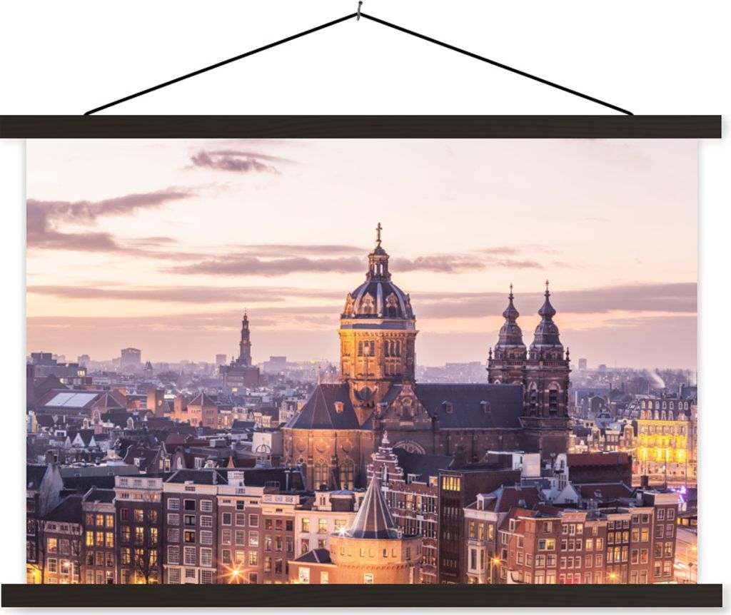 MuchoWow Textilposter Amsterdam - Zentrum - Architektur. 60x40 cm mit schwarzem Rahmen - Hölzernes