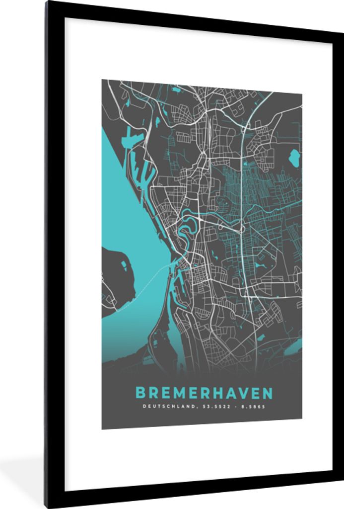 MuchoWow Gerahmtes Poster Blau - Deutschland - Karte - Stadtplan - Bremerhaven 60x90 cm - Poster mit Schwarzem Bilderrahmen Wandposter Rahmen Fot...
