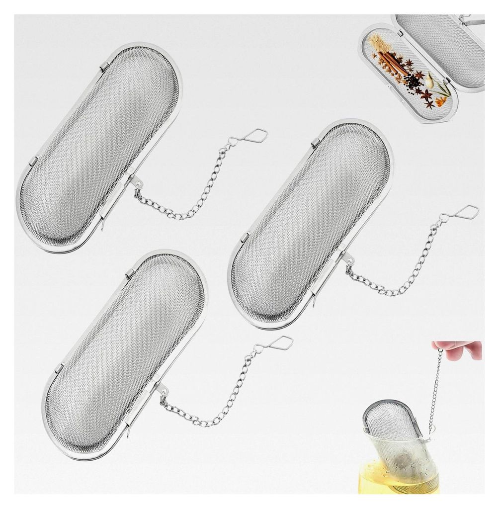 3 Stück Gewürzsäcke, Gewürzsieb zum Mitkochen mit Kette, Gewürzbeutel für Tee und Gewürze (Silber)