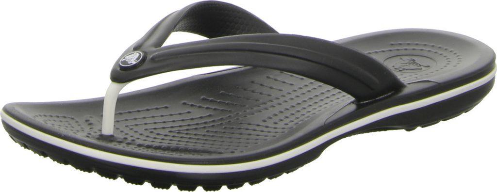 A single black Crocs flip-flop is shown against a white background.