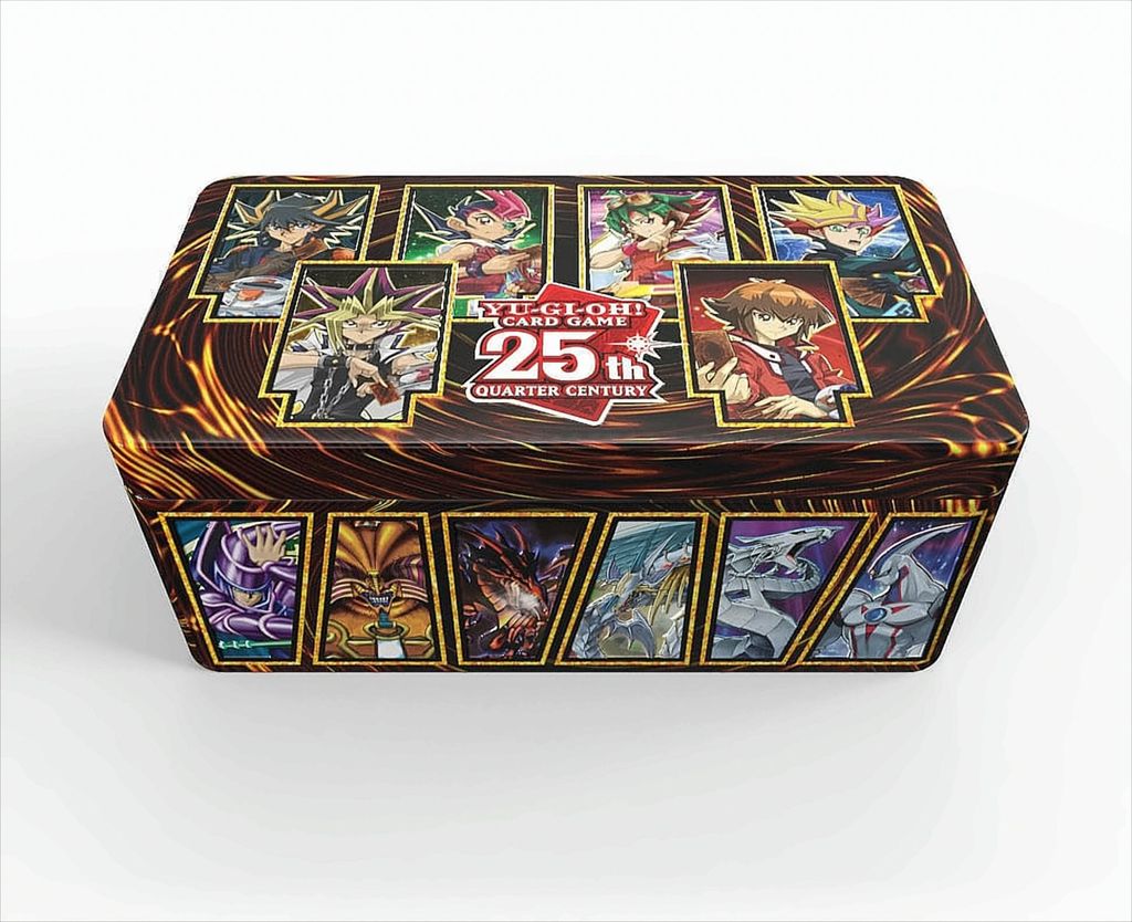 A Yu-Gi-Oh! 25th Quarter Century Tin is shown from a slightly elevated front-side angle against a white background. The tin is decorated with images of various Yu-Gi-Oh! characters and monsters.