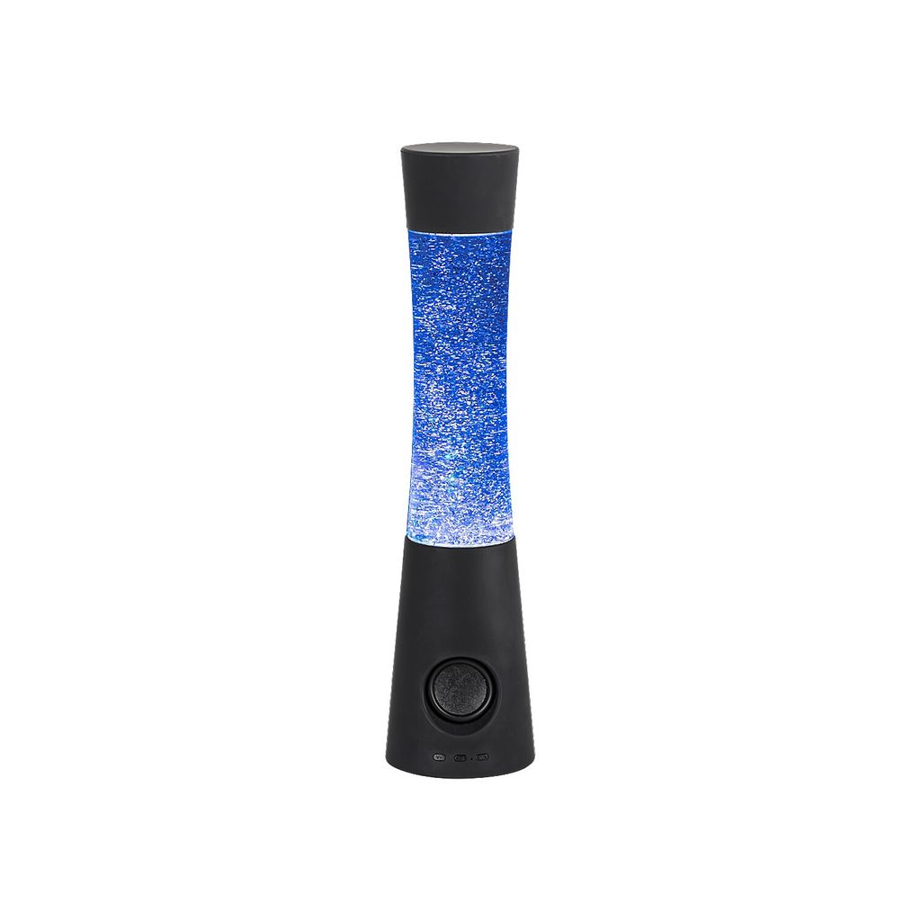 A black lava lamp with blue glitter is shown against a white background.