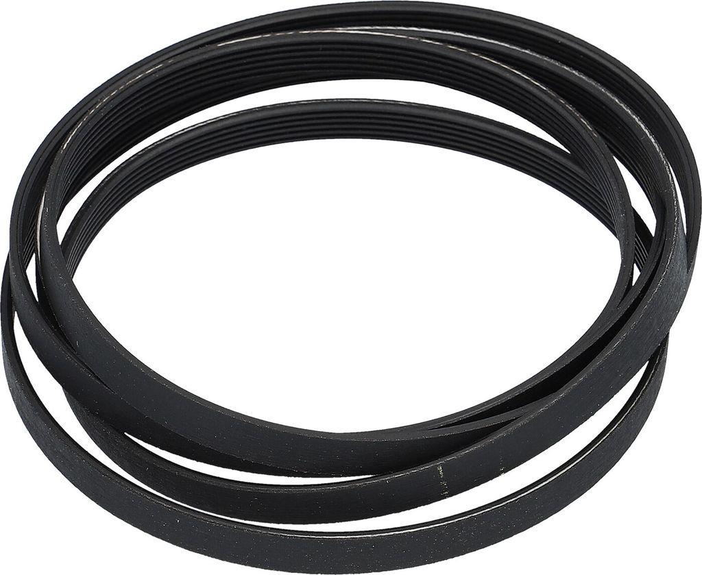 A black serpentine belt is coiled on a white background.