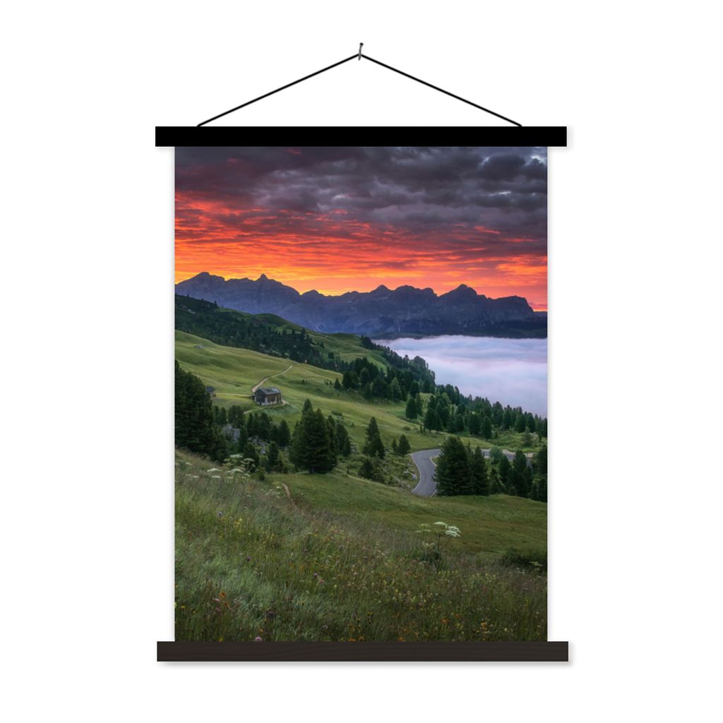 MuchoWow Textilposter Gras - Berge - Abend 120x160 cm mit schwarzem Rahmen - Magnetischer
