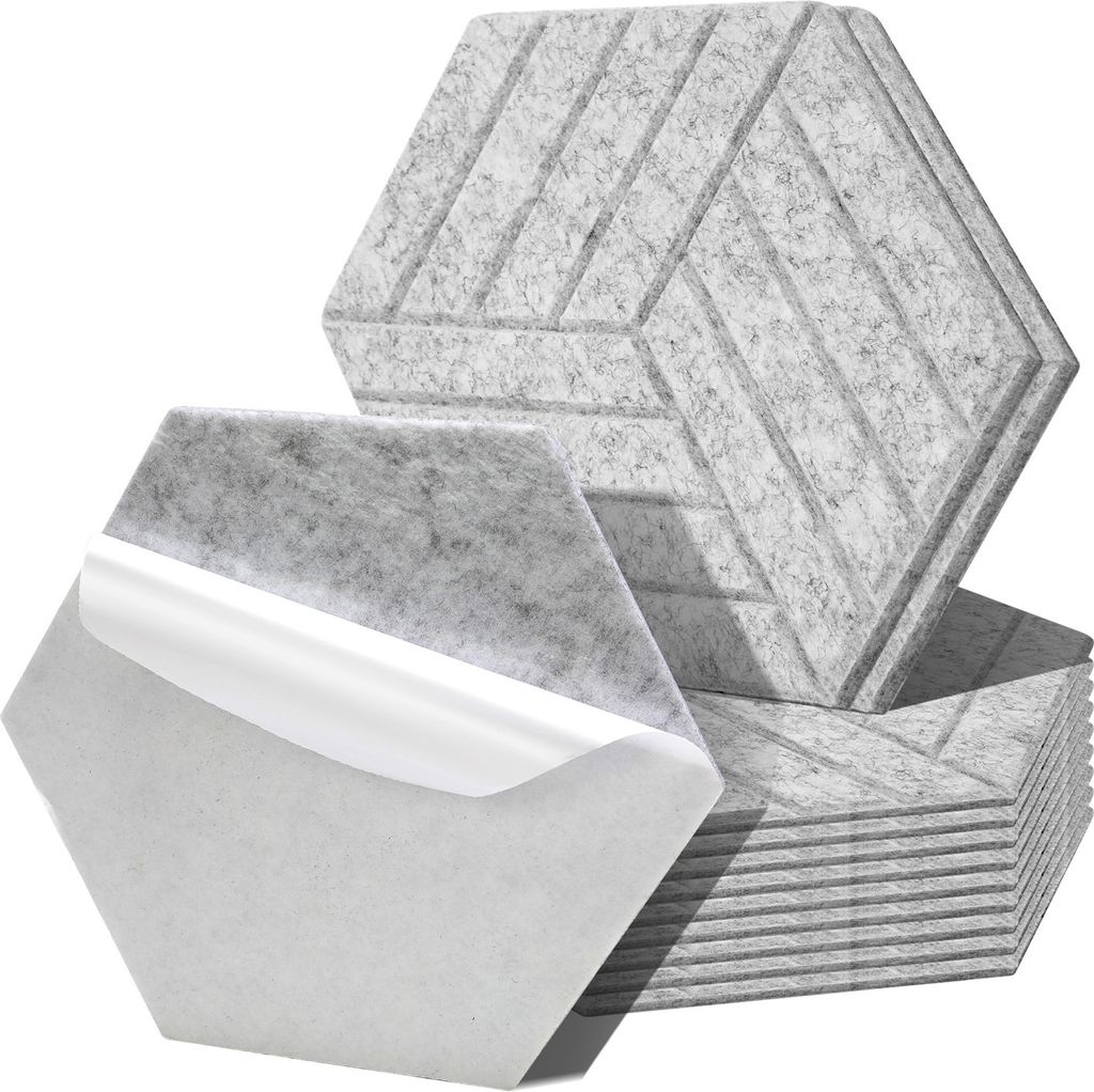 Clanmacy 12 stuks Akustikplatten Hexagonal gestreift selbstklebend Schallschutzplatten Hohe Dichte Wandpaneel Hellgrau
