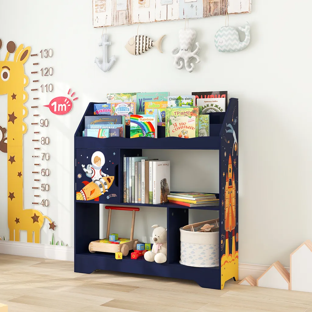 Bibliothèque enfant à 3 niveaux et meuble de rangement jouets bleu 100cm