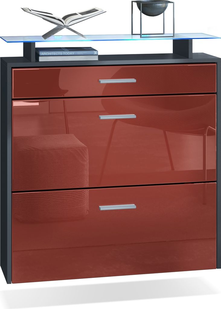 Vladon Schuhschrank Malea, Anthrazit matt/Bordeaux Hochglanz inkl. LED - hängender Schuhkipper für 16 Paar Schuhe (89 x 96 x 23 cm)