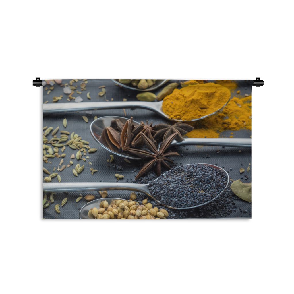 MuchoWow Wandteppich Wandbehang Nahaufnahme Löffel mit Gewürzen und Kräutern 120x80 cm Tapisserie Dekoration Wandtuch - Wanddekorationen - Wan...