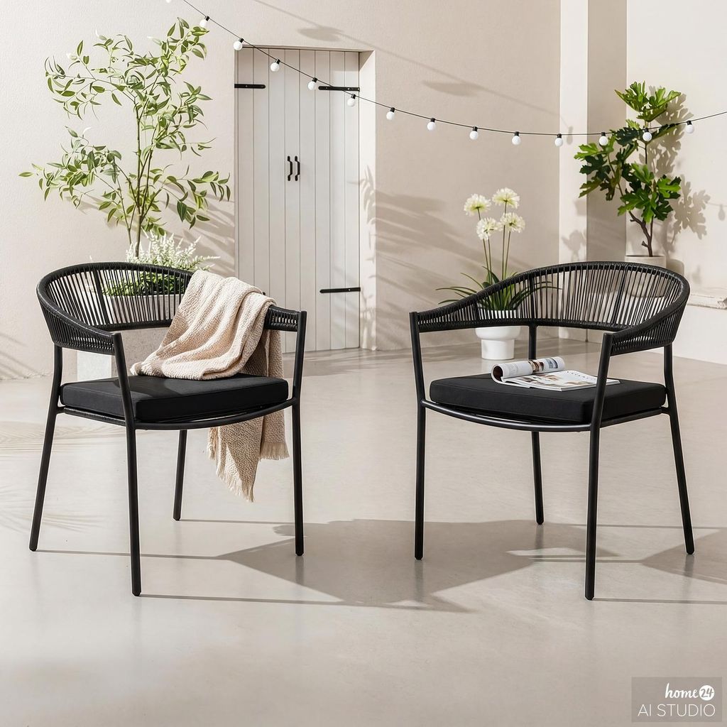 home24 Stapelstuhl - 2er-Set - Stahl / Polyrattan - Schwarz