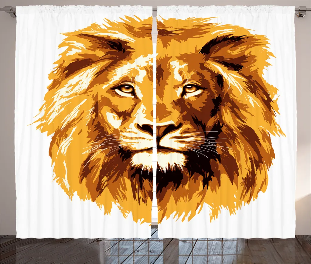 Rideau Tropical Motif Lion Afrique 280x225 cm Tissu Rustique Orange Blanc