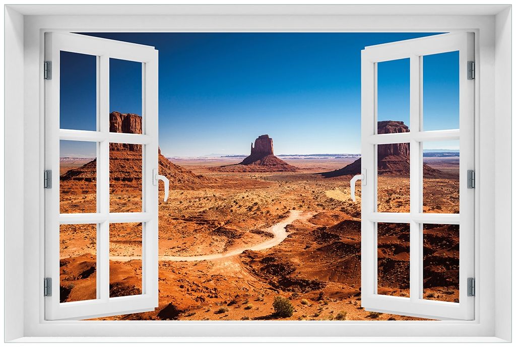 Wallario Premium Glasbild mit Fensterrahmen, freischwebende Optik, kräftige Farben, Größe 60 x 90 cm Motiv Monument Valley unter blauem Himmel