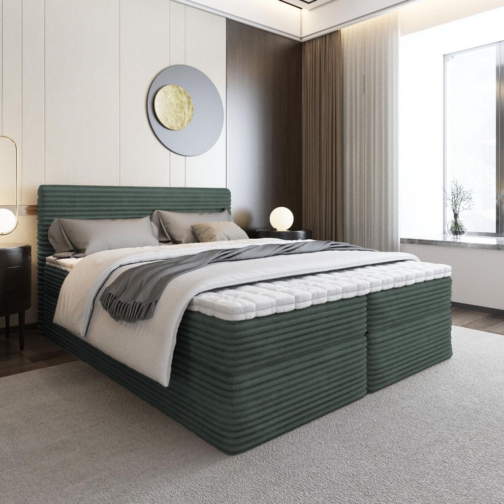 Bett, Boxspringbett, Continentalbett ZENO mit Bonell Matratze, T25 Topper, Doppelbett mit Container, H3 180x200 cm, (Grün - Tilia 39)