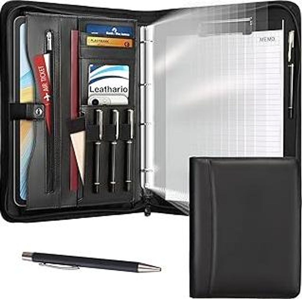 Leathario Schreibmappe A4 mit Reißverschluss, Konferenzmappe 10 Klarsichthüllen, Dokumentenmappe 4 Ringbuch, Ringmappe, Aktenmappe mit Notizblock...