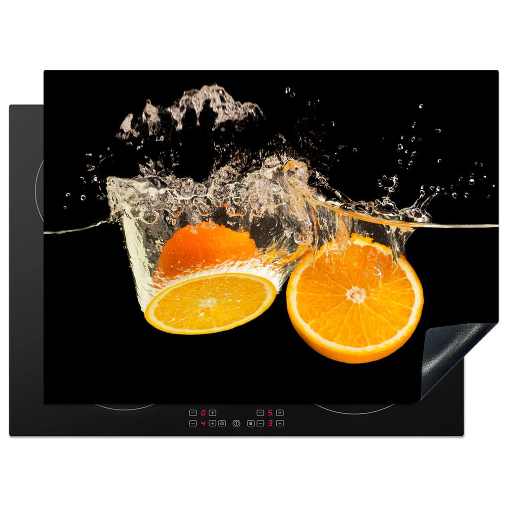 KitchenYeah Herdabdeckplatte Orange - Stillleben - Wasser - Schwarz - Obst , 71x52cm, Küche Deko, Glaskeramikkochfeld Herdabdeckung, Abdeckplatt...