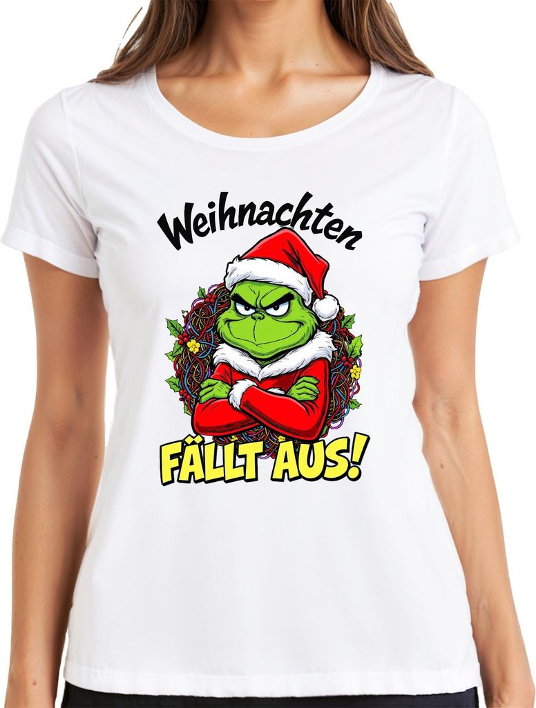 Weihnachten FÄLLT AUS Grinch Weihnachtskranz wütend lustig böse Damen T-Shirt, Weiß, XL