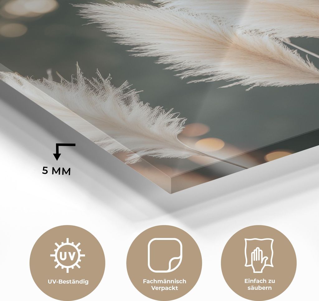 MuchoWow Glasbilder - Bilder auf Wandbild - Foto auf Glas Pampasgras - Federn - Zierpflanze 90x90 cm Wanddekoration aus Glas - Acrylglasbild - Acry...