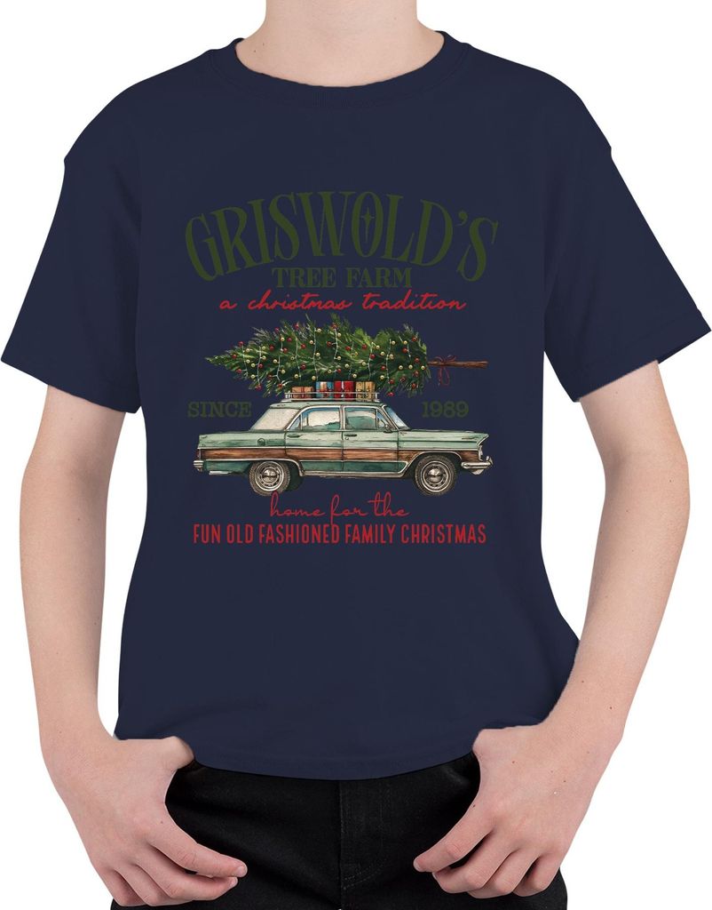 Griswold's Tree Farm a Christmas Tradition Family Vintage Auto Uni Kinder T-Shirt, Navy, 152