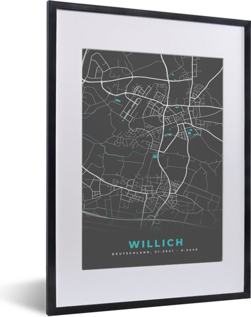 MuchoWow Gerahmtes Poster Stadtplan - Karte - Willich - Blau - Deutschland - Karte 30x40 cm - Poster mit Schwarzem Bilderrahmen Wandposter Rahmen...