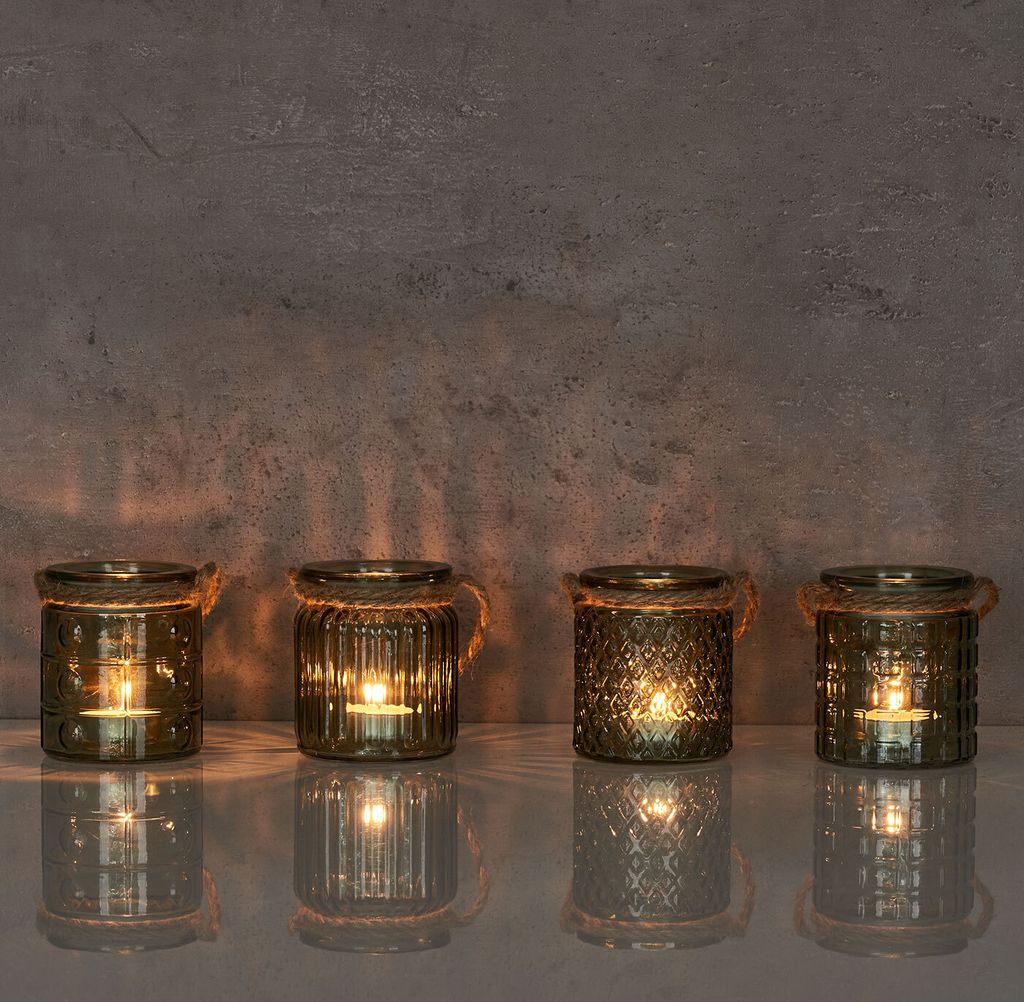 4er Set Windlicht H10cm Glas Grün Khaki Teelichthalter Produktbild 5