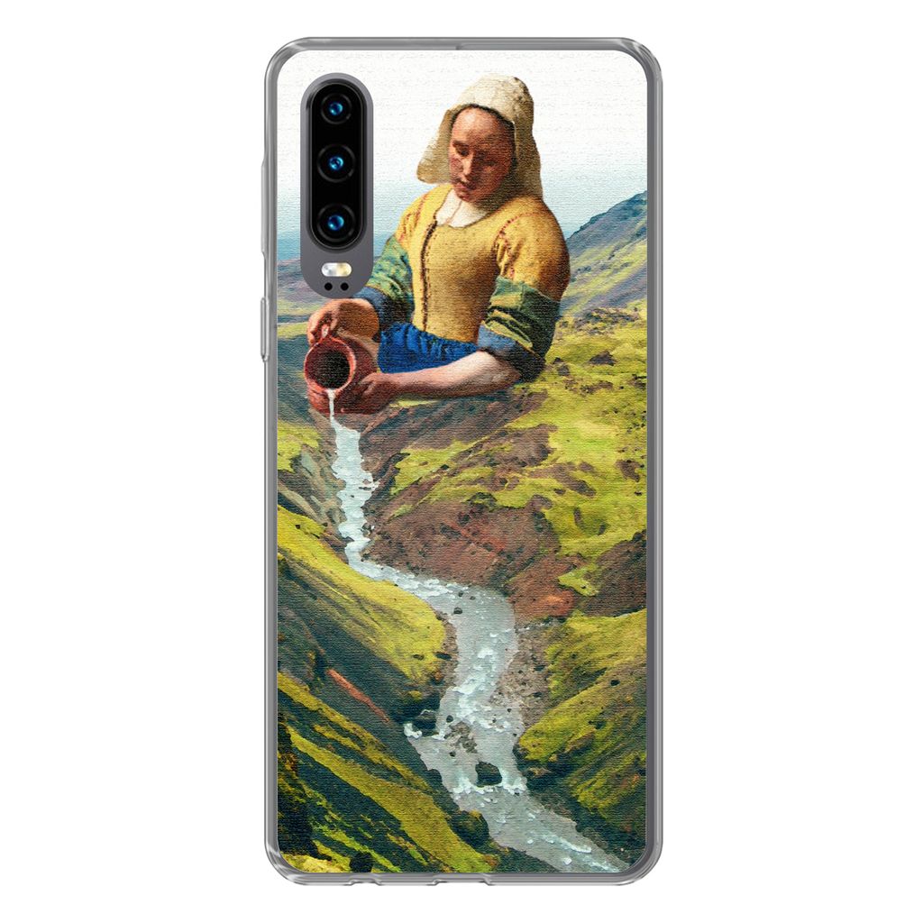 MuchoWow Handyhülle Schutzhülle Hülle für Huawei P30 Milchmädchen - Natur - Vermeer Silikon Softcase Handy Hülle - Kartenbesitzer