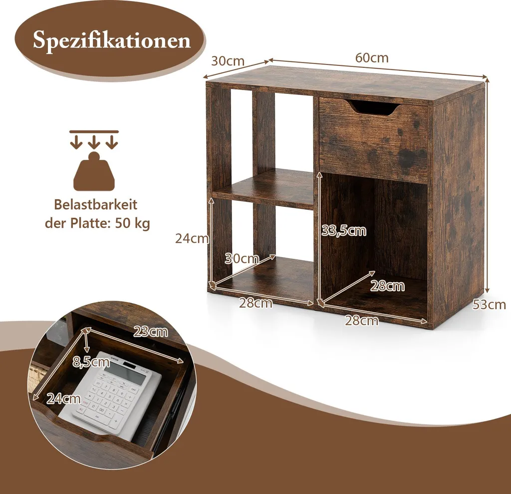 Bibliothèque Basse à 3 Compartiments et Tiroir en Bois Brun Stable 60cm - 3