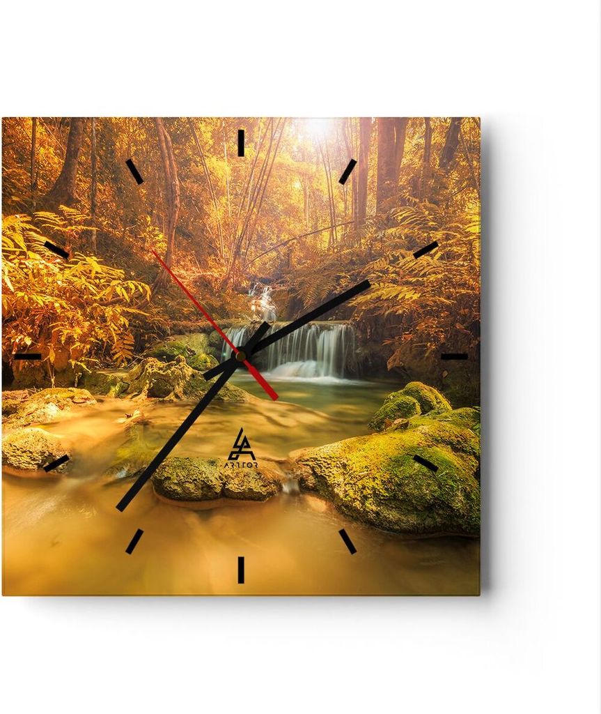 Wanduhr - Quadrat - Glasuhr - Wald Bach Tropen Natur - 40x40cm - Schleichendes Uhrwerk - Lautlos - zum Aufhängen bereit - Dekoration Modern - Wand...