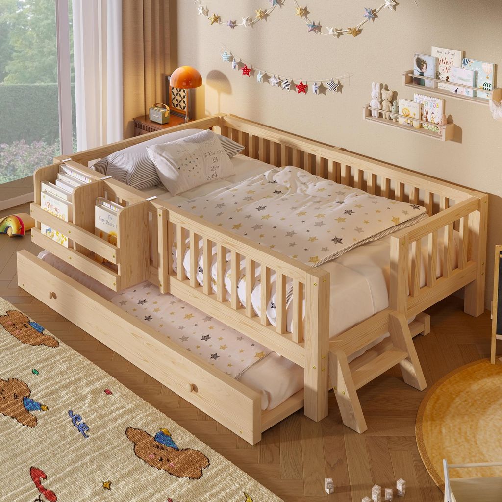 Letto per bambini 90x200 cm con letto a estensione, sponde Immagine del prodotto 