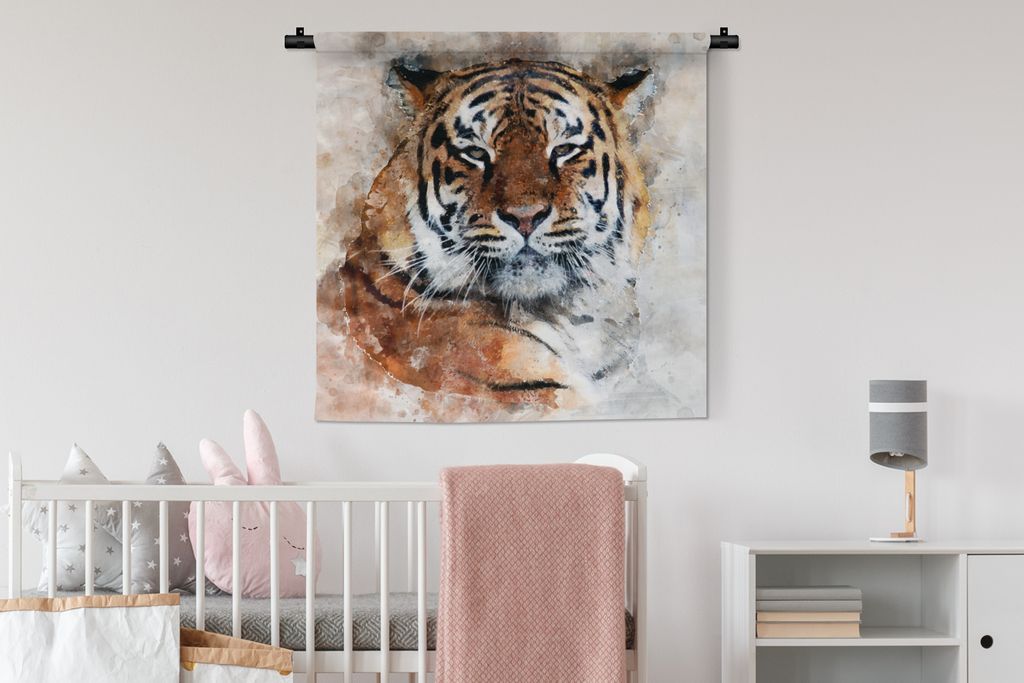 MuchoWow Wandteppich Wandbehang Tiger - Gemälde - Orange 90x90 cm Tapisserie Dekoration Wandtuch - Wandaufhänger