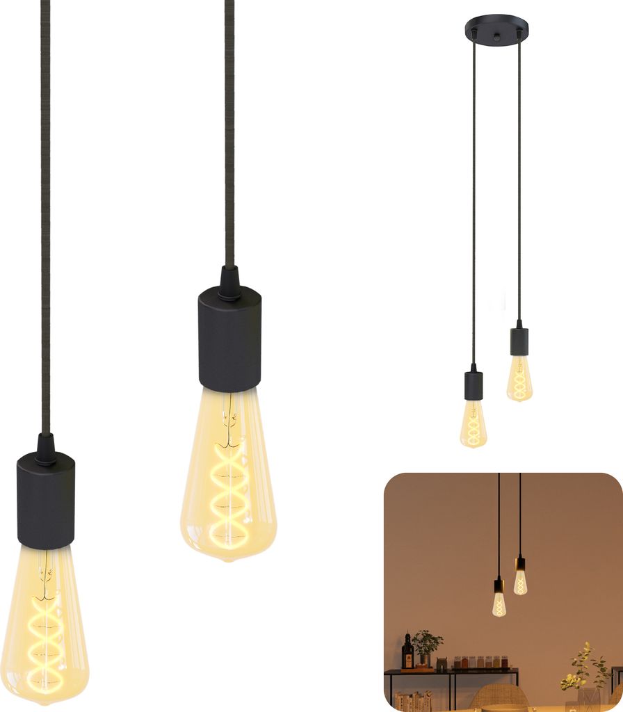 SSC-LUXon PARU Pendelleuchte Vintage 2-flammig schwarz - Design Hängelampe mit Textilkabeln inkl. 2x E27 LED Edison extra warmweiß