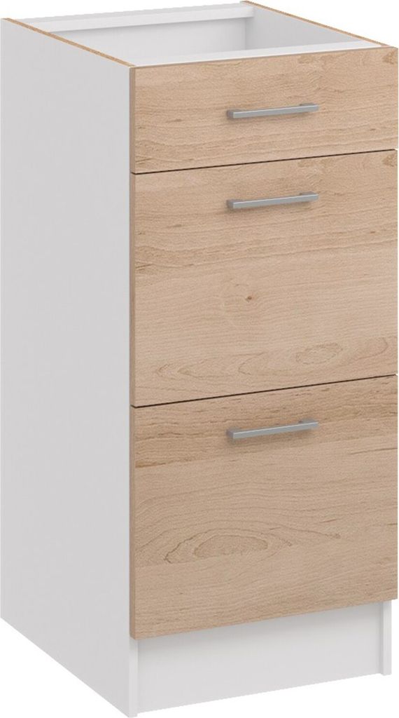 A kitchen base cabinet with three drawers.