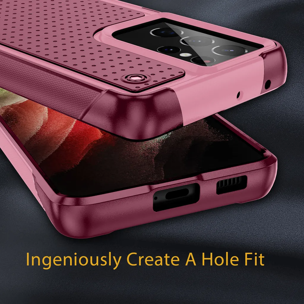 Custodia per Samsung Galaxy S21 Ultra 5G, qualità militare, custodia ibrida antiurto 2in1 in PC rigido e TPU morbido Rosa Rosso - 5