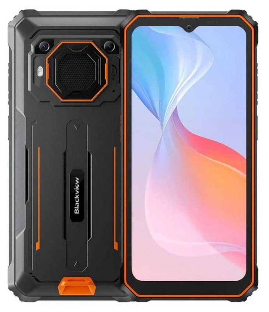 A rugged smartphone is shown from the front and back, with the screen displaying a colorful abstract wallpaper.