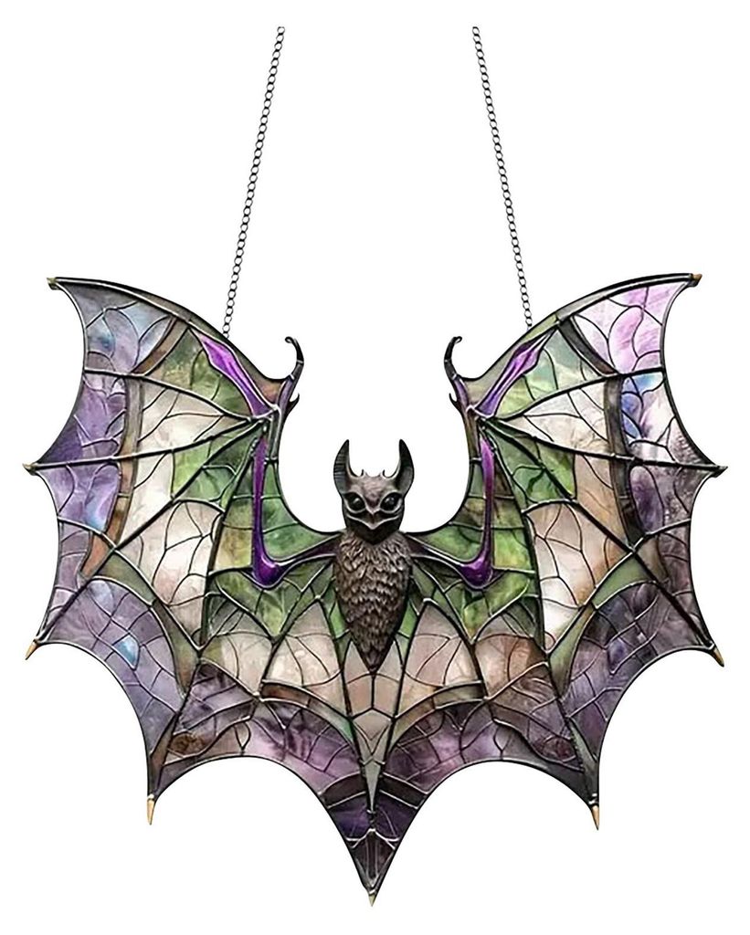Bunte Halloween-Fledermaus-Hängedekoration aus Buntglas, 2D-Flachacryl, Hexenhut-Sonnenfänger, für drinnen und draußen, Wand- oder Fensterdekor...