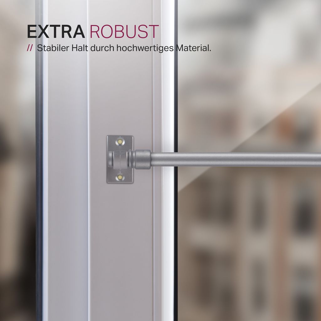Close-up of a cafe rod attached to a window frame, with text overlays highlighting its robustness.