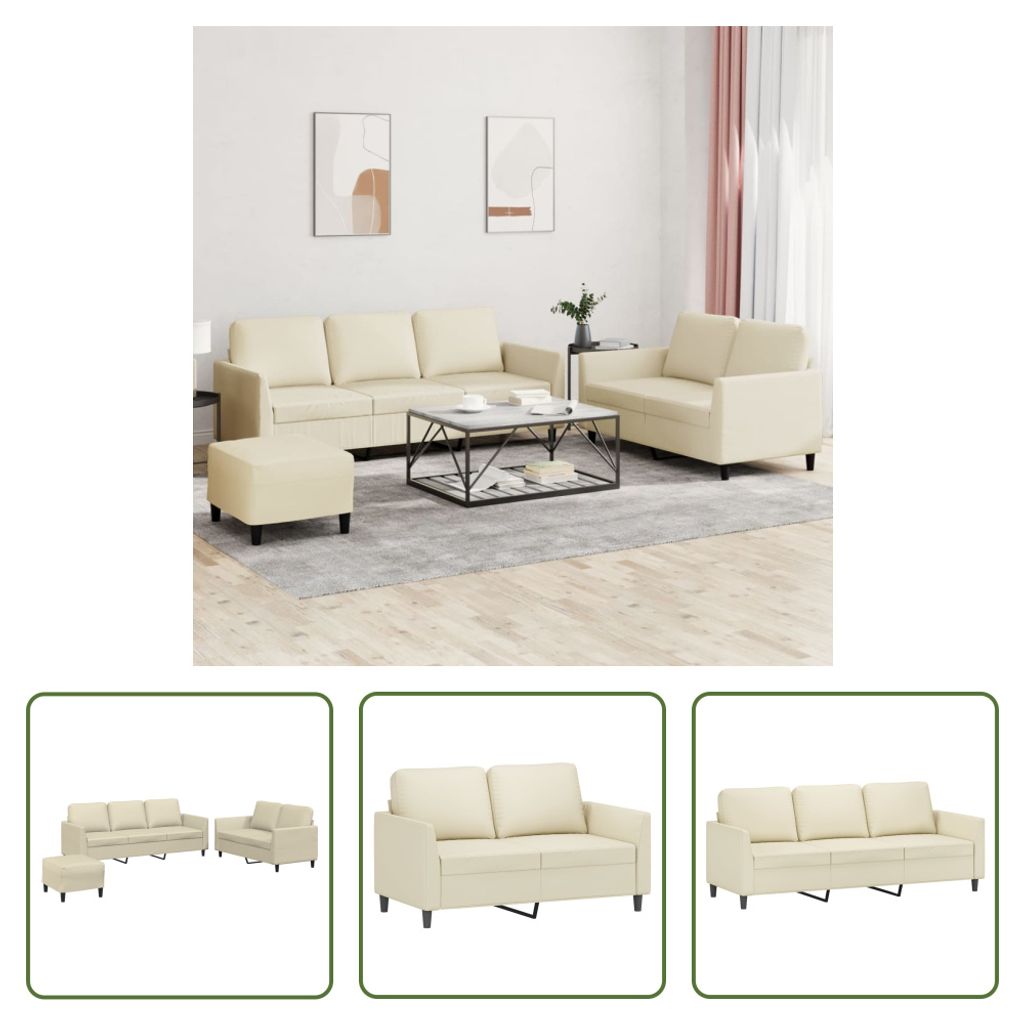 The Living Store 3-tlg. Sofagarnitur mit Kissen Creme Kunstleder