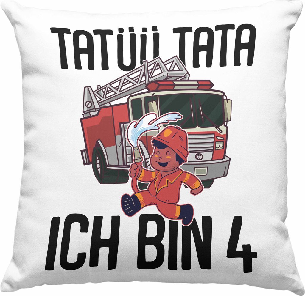 Trendation - 4. Geburtstag Geschenk Jungs Feuerwehr Deko-Kissen mit Füllung 40x40 Geschenke Zubehör Lustig Kinder Geburtstag Spruch Ich Bin 4 (Grau)