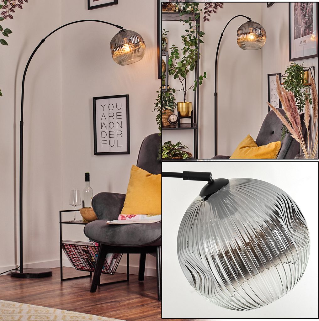 Villamare Stehlampe aus Metall/Riffelglas in Schwarz/Rauch/Klar mit Marmorfuß