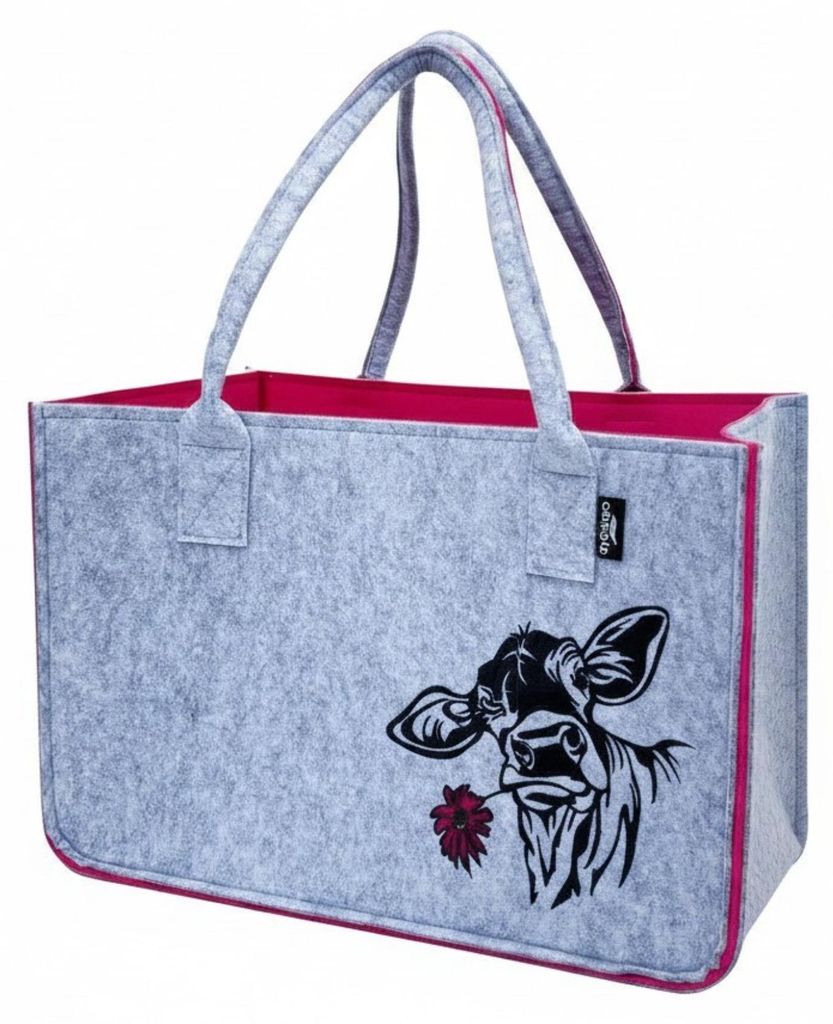 Camolo Filz Einkaufstasche mit Kuh Motiv Farbe pink Shopping Bag Filztasche 40x27x27cm Aufbewahrungstasche